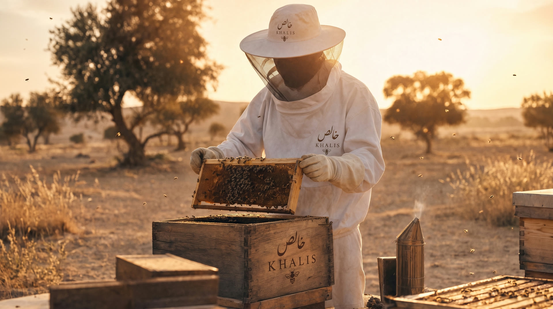 Beekeeper in a KHALIS suit lifting a honeycomb frame from a KHALIS-branded hive in a desert sidr grove